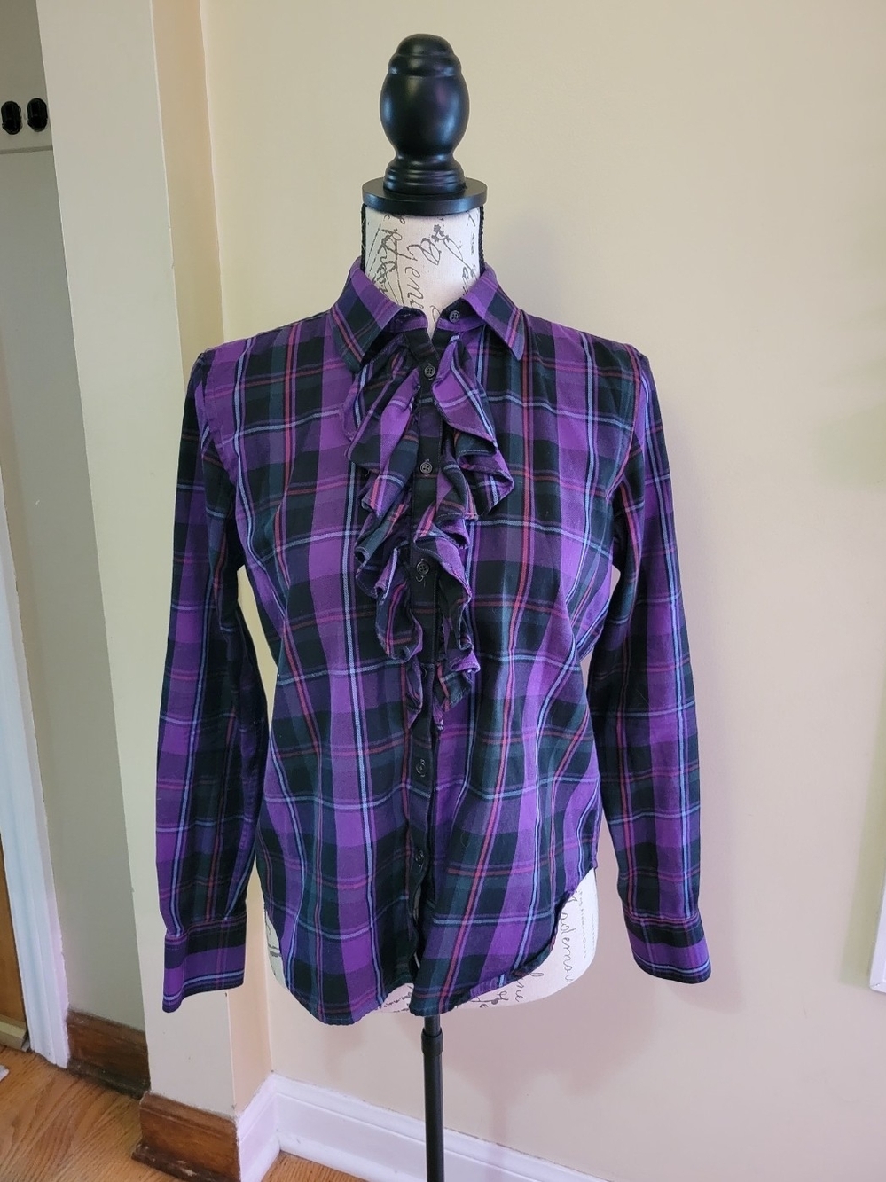 Lauren Ralph Lauren Purple and Black Plaid Ruffle-Front Button Down Shirt